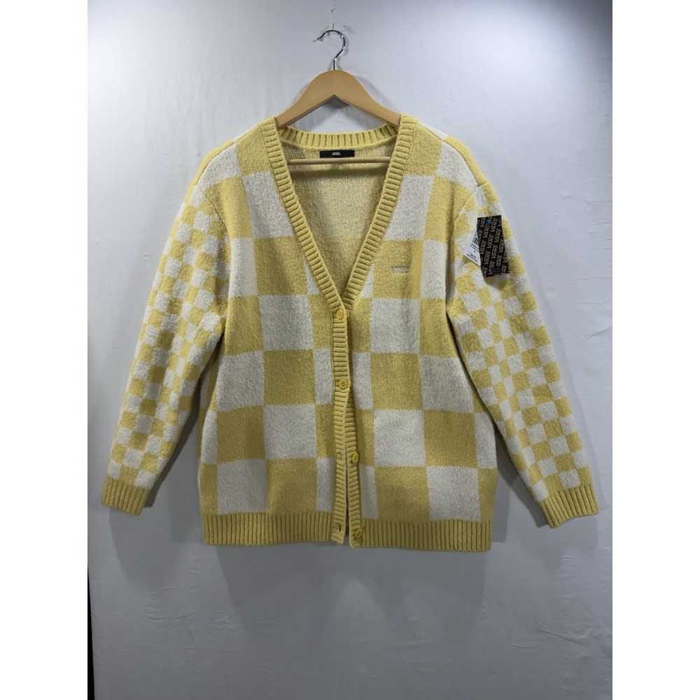 Vans Yellow Checkered Cardigan Sweater Women's Small Button Front Cozy Soft NWT